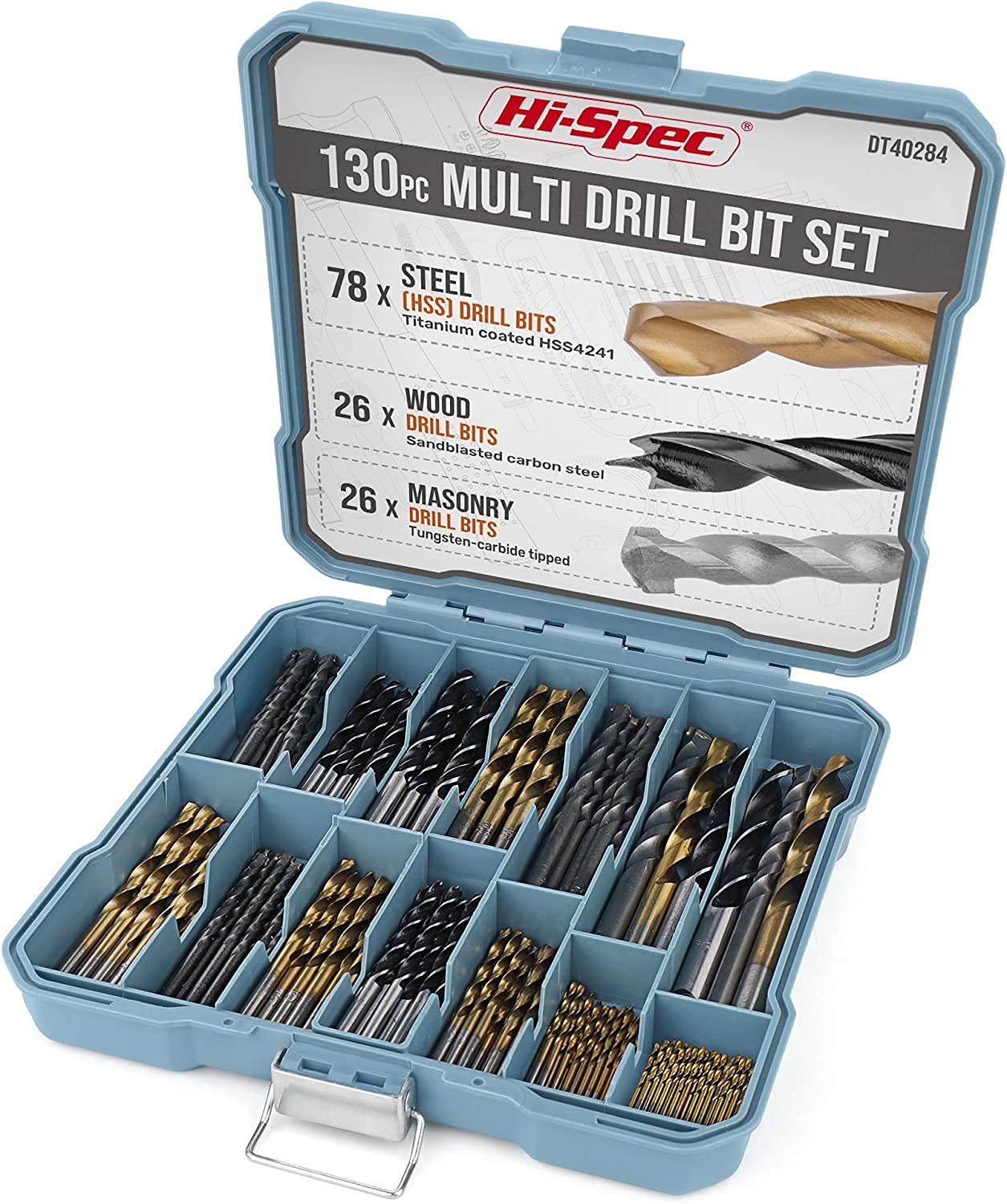 Hi-Spec Titanium Twist Drill Bit Set 130pc – 11 Sizes 1/16in to 3/8in – HSS Titanium, Masonry & Brad Point Steel Bits – Drill Bits for Metal, Wood, Plastic, Drywall, Brick & Concrete – with Tray Case