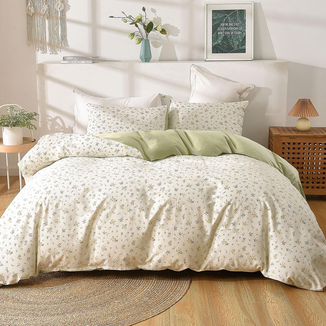 Conworld 100% Washed Cotton Duvet Cover Queen, Ultra Soft Breathable Floral Queen Duvet Cover Bedding Sets with Zipper Closure & Corner Ties, Green