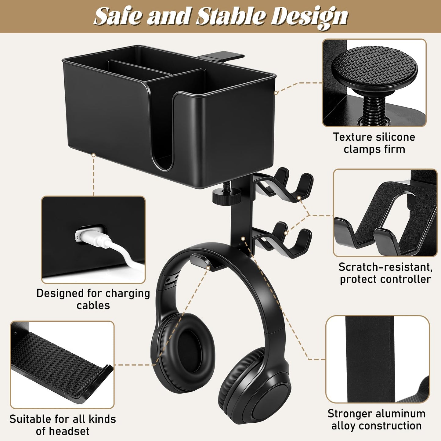 Innonew 5 in 1 Controller Holder - Desk Cup Holder and Headphone Hanger, Rotatable Under Desk Clamp Organizer Dual Gamepad Headset Stand Gaming Desk Accessories for Xbox, PS4, PS5, PC, Switch