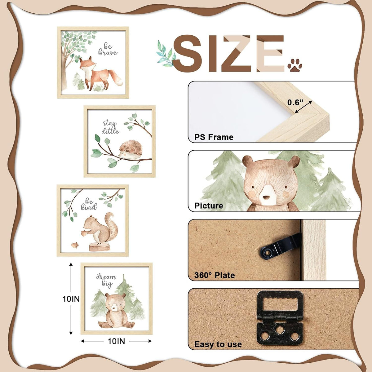 ArtbyHannah Framed Woodland Nursery Wall Decor, Safari Nursery Decor with Inspirational Quotes, Cute Animals Prints in 10x10 inch Wood Picture Frames with Acrylic Panel for Baby Room, Kids Playroom, Light-Wood Decoration（4 Pack, Fox, Owl, Squirrel, Bear)