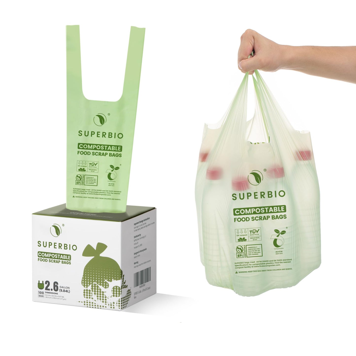 SUPERBIO Compostable Bags with Handles, 9.8L,100 Count,1 Pack, Food Scrap Bags Certified by BPI and OK compost INDUSTRIAL