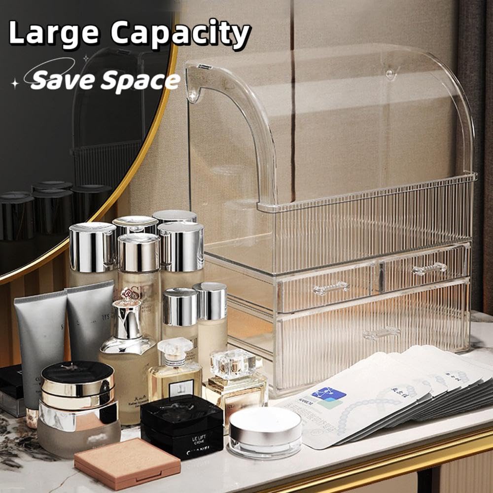 Makeup Storage Organizer, X-Large Acrylic Cosmetics Organizer Skincare Display Case with Drawers, Perfume Makeup Organizer Box with Waterproof Cover for Countertop, Bathroom, Dresser(Black-XL)