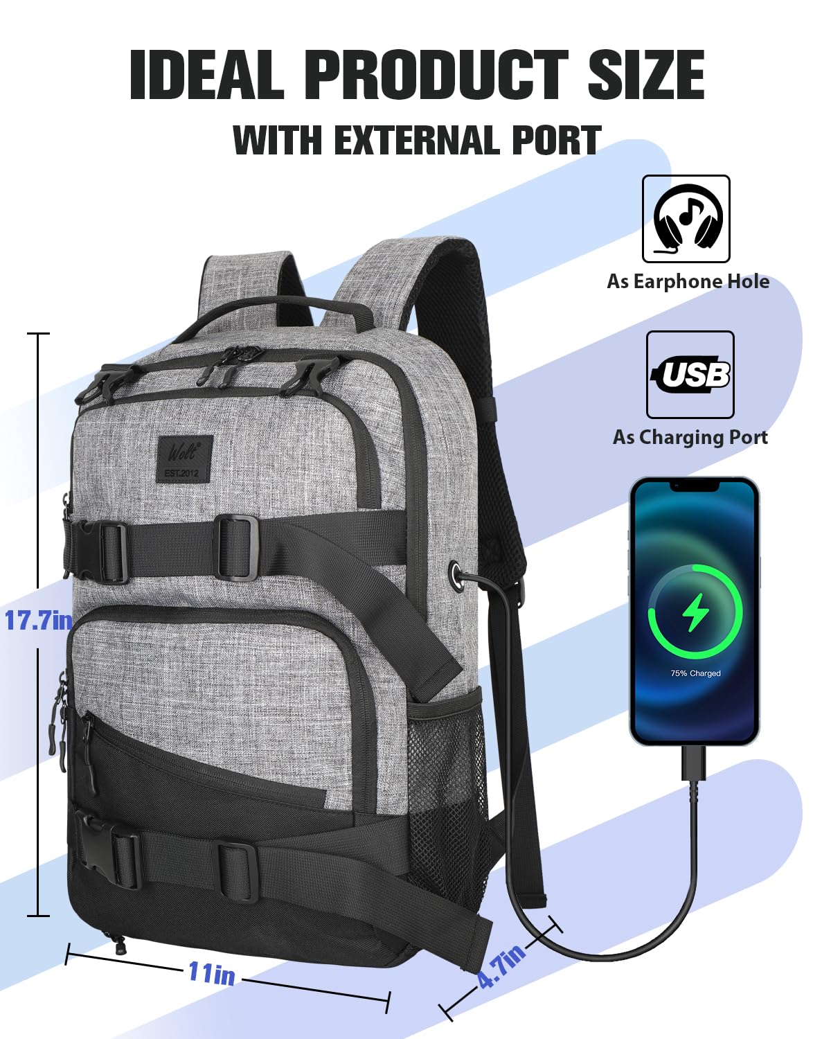 WOLT Skateboard Backpack, 15.6 Inch Laptop Backpack for Men Women, Sports Backpack with Ball Holder, Grey, One Size, Skateboard Backpack