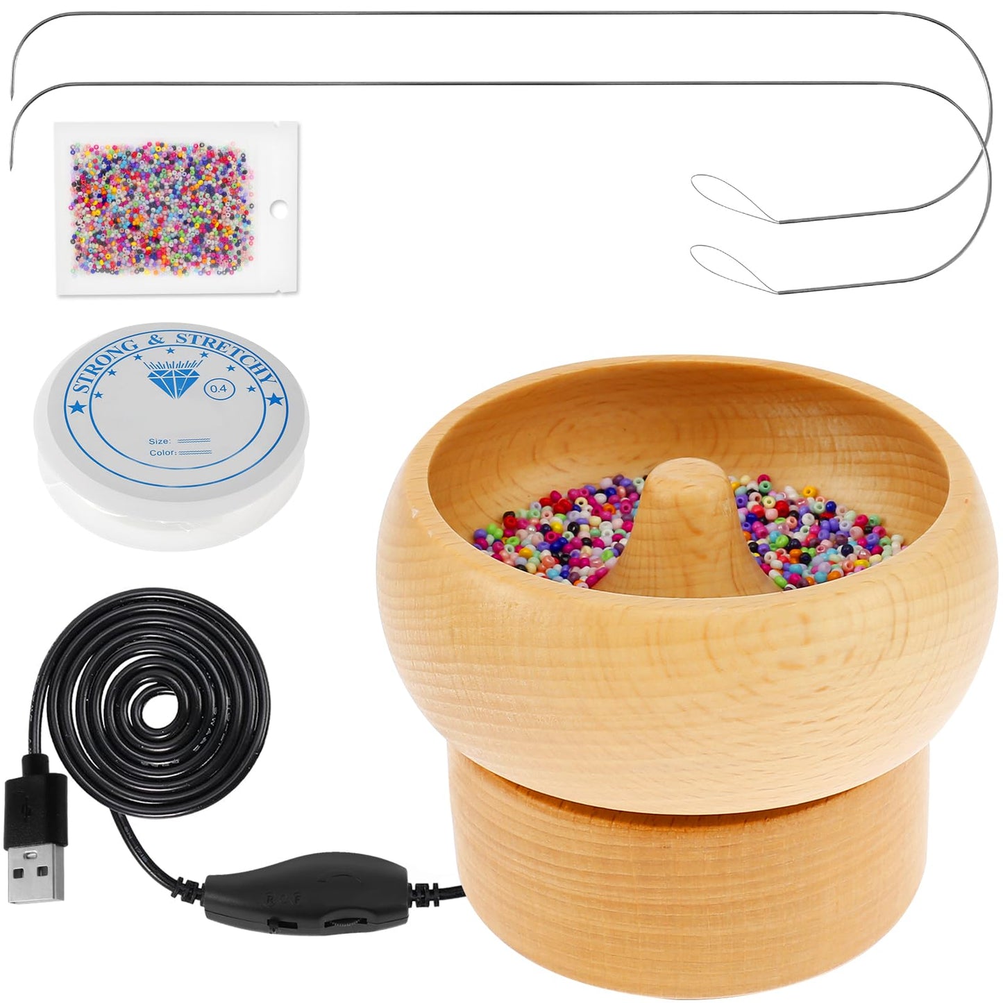 Electric Wooden Bead Spinner, Adjustable Speed and Direction Spin Bead Loader USB Powered Spin Beading Bowl Kit with 2 Beading Needles 2000 Beads for Bracelets Jewelry Making
