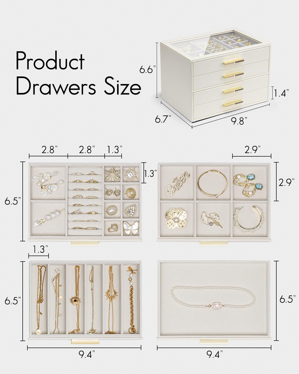 Vlando Jewelry Box with Glass Lid,Jewelry Organizer with 4 Drawers,4-Layer Jewelry Box for Women Girls,Gift for Loved Ones,Beige