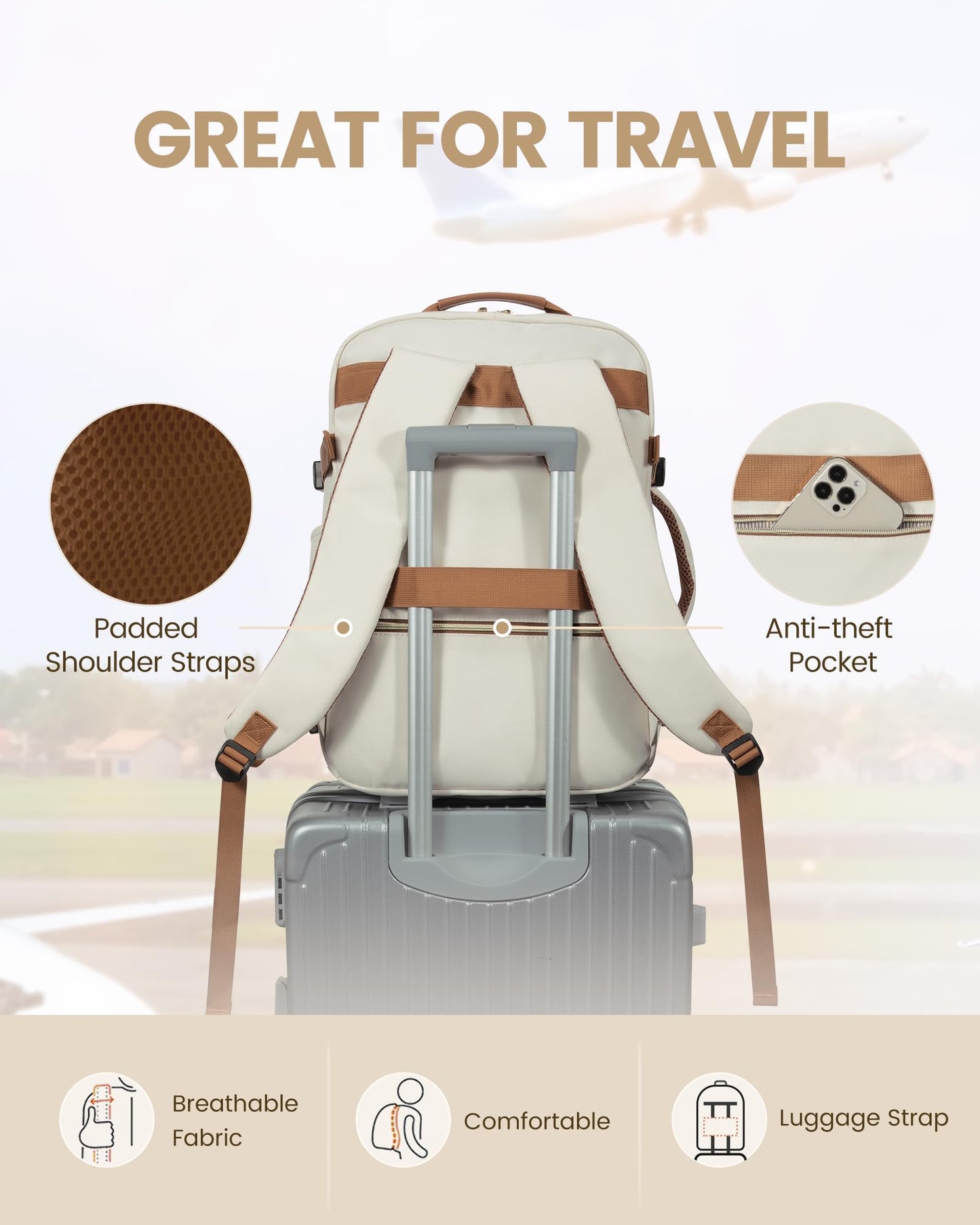 LOVEVOOK Travel Backpack Women, Flight Approved Carry On with 17.3inch Laptop Compartment, Personal Item with 3 Packing Cubes, Perfect for College, Hiking, Overnight, Beige