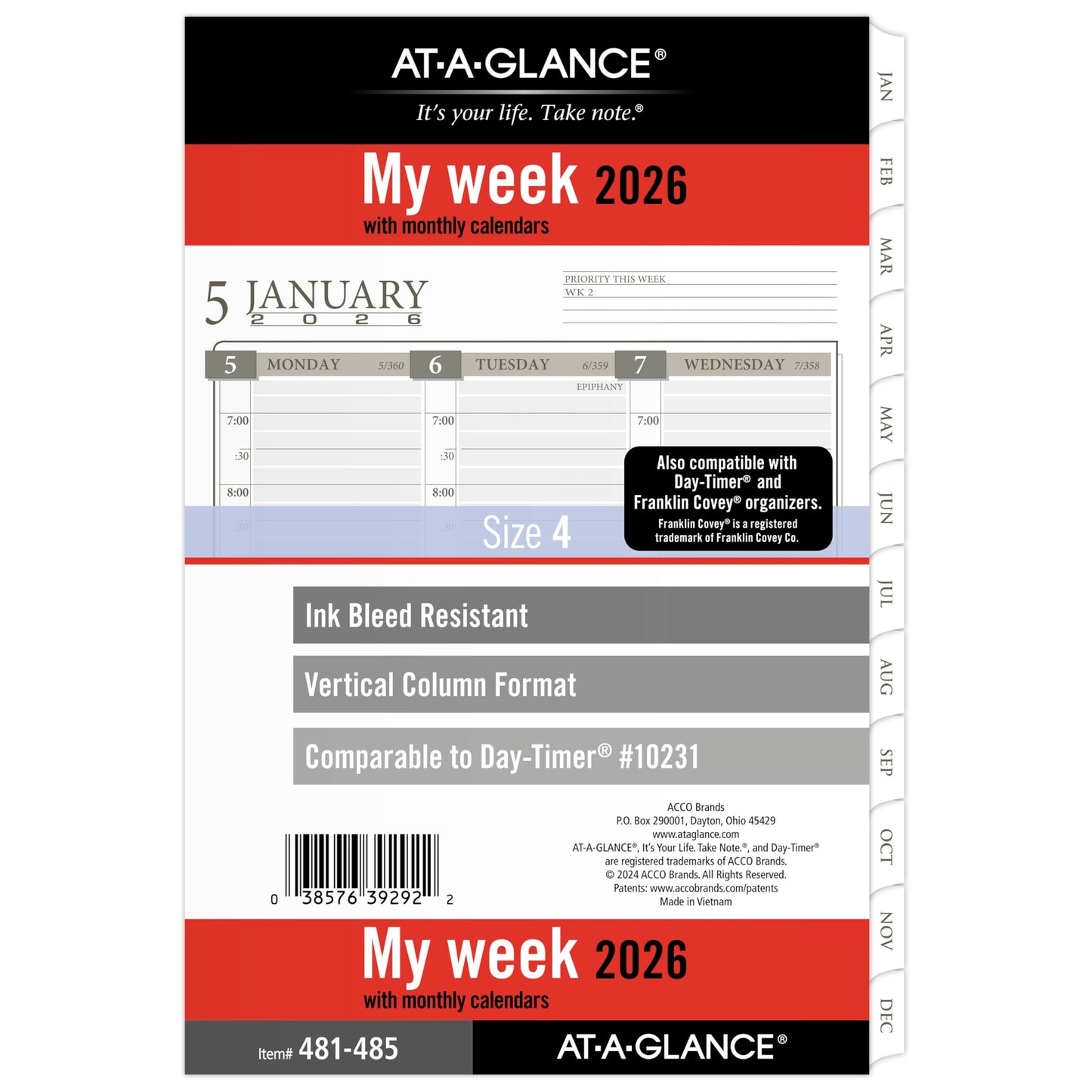 AT-A-GLANCE 2026 Planner Refill, Weekly & Monthly, 5.5" x 8.5", Desk Size 4, Column Style, Loose-Leaf (481-485-26)