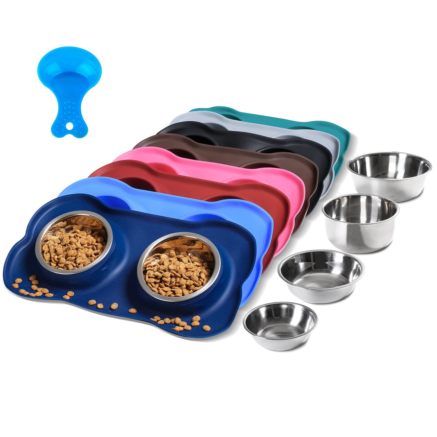 Hubulk Pet Dog Bowls 2 Stainless Steel Dog Bowl with No Spill Non-Skid Silicone Mat + Pet Food Scoop Water and Food Feeder Bowls for Feeding Small Medium Large Dogs Cats Puppies (Large, Navy Blue)
