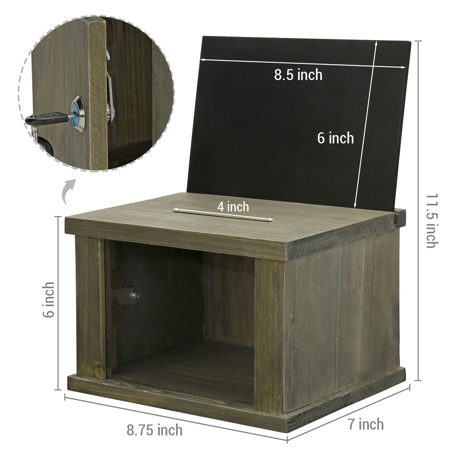 MyGift 9 x 7 Inch Vintage Weathered Gray Wood Tip Donation Comment Collection Box with Premium Transparent Acrylic Front Window Panel, Lock, Key, Removable Chalkboard and Clear Sign Holder