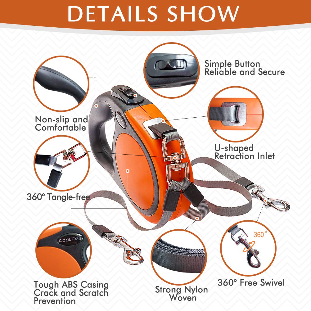 KOOLTAIL Dual Retractable Dog Lead for Two Dogs up to 110 lbs, Heavy Duty Double Head 16 ft Flexi Expandable 360° Tangle-Free One Button & Lock Brake Dog Lead for Small Medium Orange
