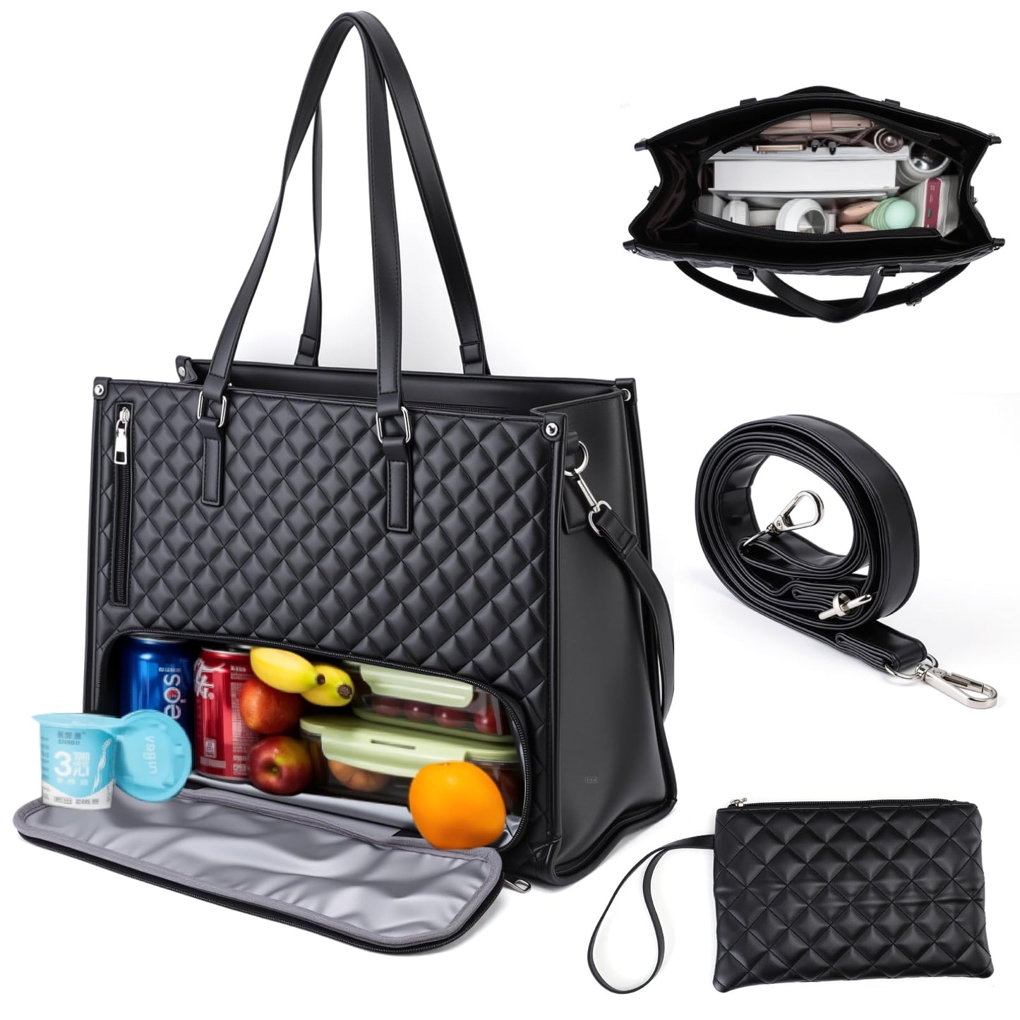 Lunch Work Tote Bags for Women, 15.6 Inch Laptop Bag with Insulated lunch Compartment, 2 in 1 Tote Bag Lunch Bag Combo with Small Purse and Shoulder Strap for Work, University, Office, Picnic (Black)