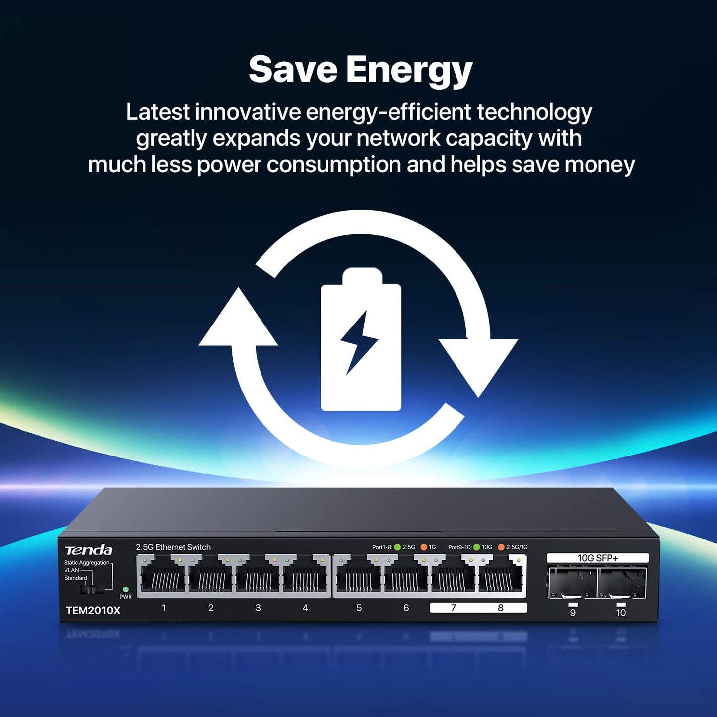 Tenda TEM2010X, 8 Port 2.5G Ethernet Switch Support VLAN & Static Link Aggregation, Unmanaged 2.5Gb Switch with 8 x 2.5G Ports & 2 x 10Gb SFP Slots, 80Gbps Switching Capacity, Fanless Metal Design