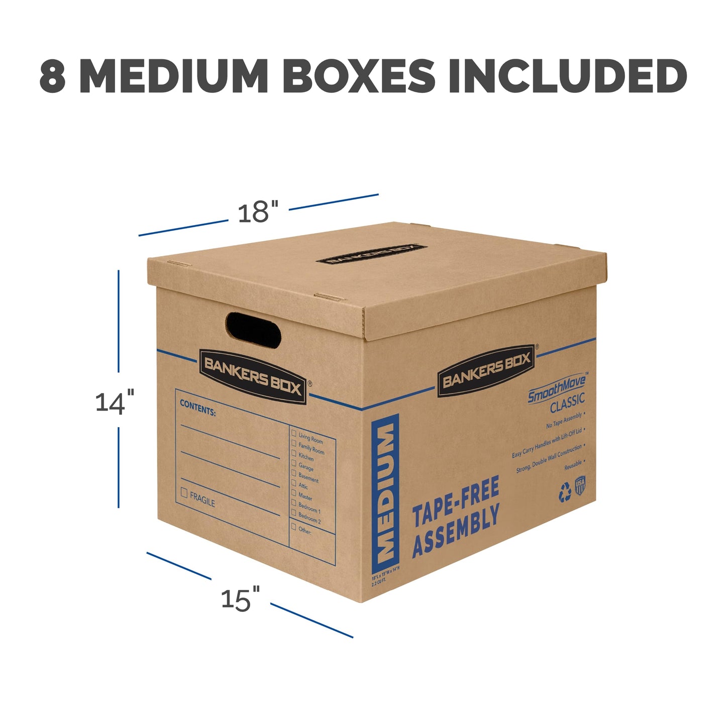 Bankers Box SmoothMove Classic Moving Boxes, Tape-Free Assembly, Easy Carry Handles, Medium, 18 x 15 x 14 Inches, 8 Pack (7717210)