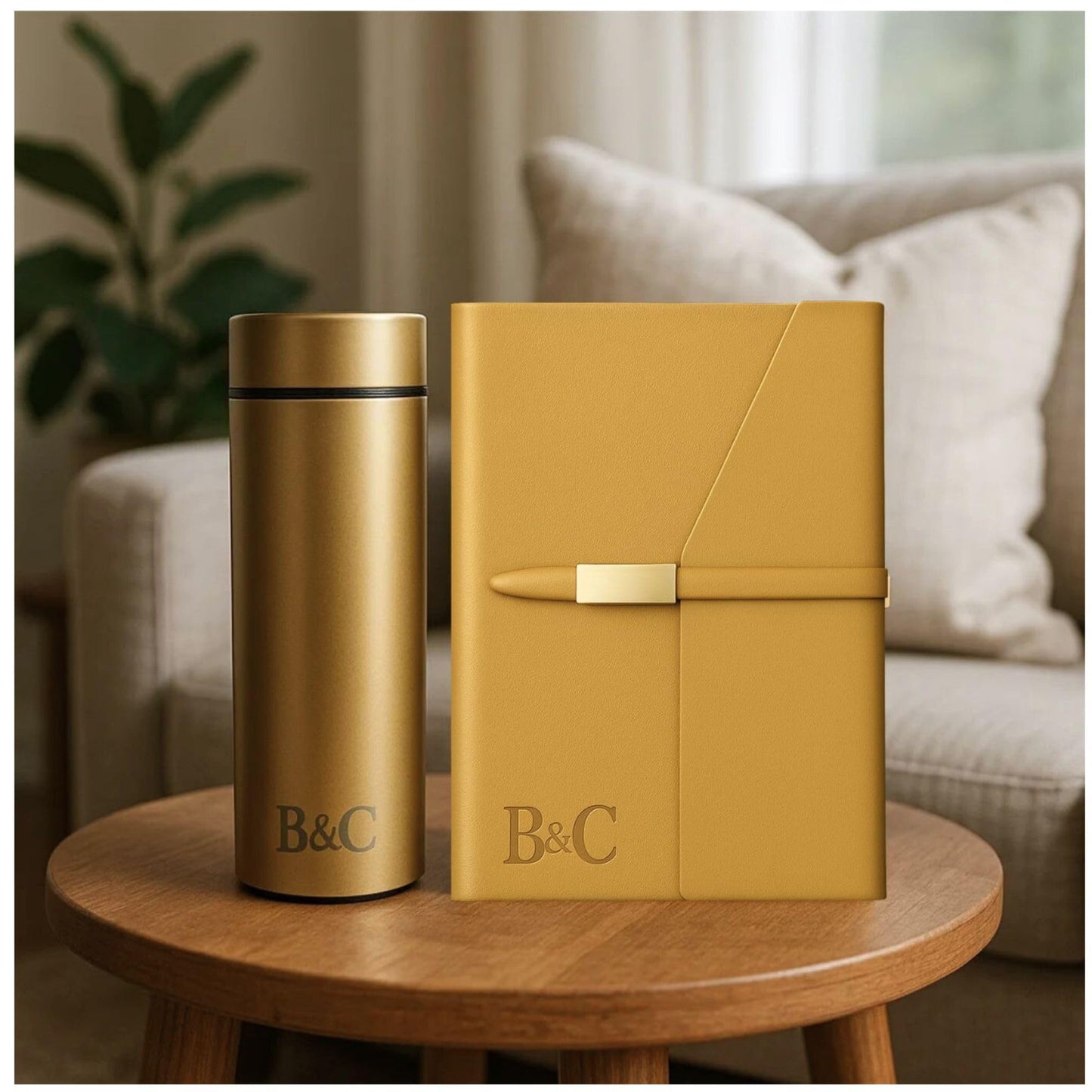 Brindle & Craft 6-Piece Executive Office Gift Set – Gold Desk Accessories with Refillable A5 Vegan Leather Notebook, Insulated Stainless Steel Tumbler, Metal Pen, 16GB USB, Card Holder & Keychain – Professional Corporate Box