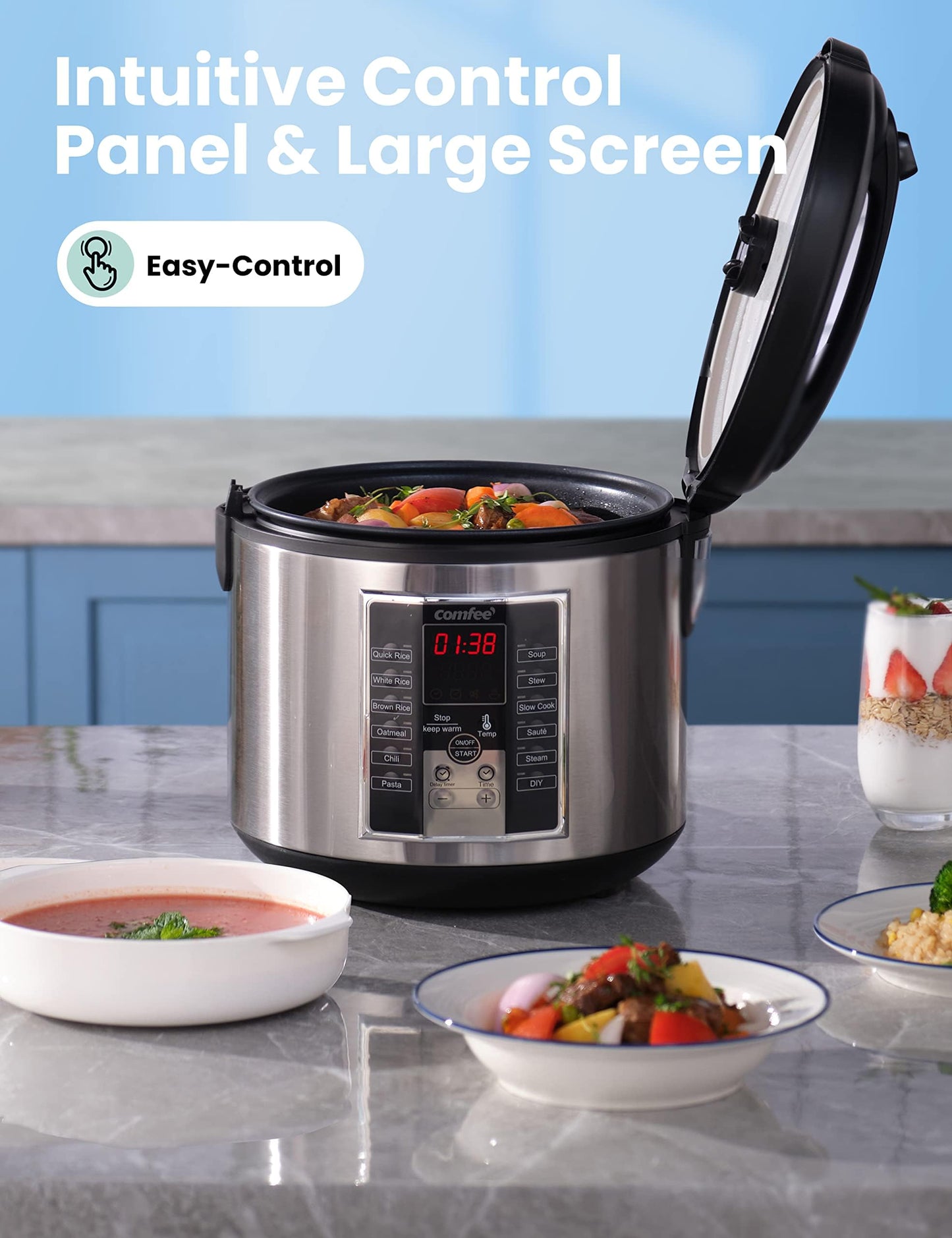 COMFEE' Rice Cooker 10 cup uncooked, Food Steamer, Stewpot, Saute All in One (12 Digital Cooking Programs) Multi Cooker Large Capacity 5.2Qt, 24 Hours Preset