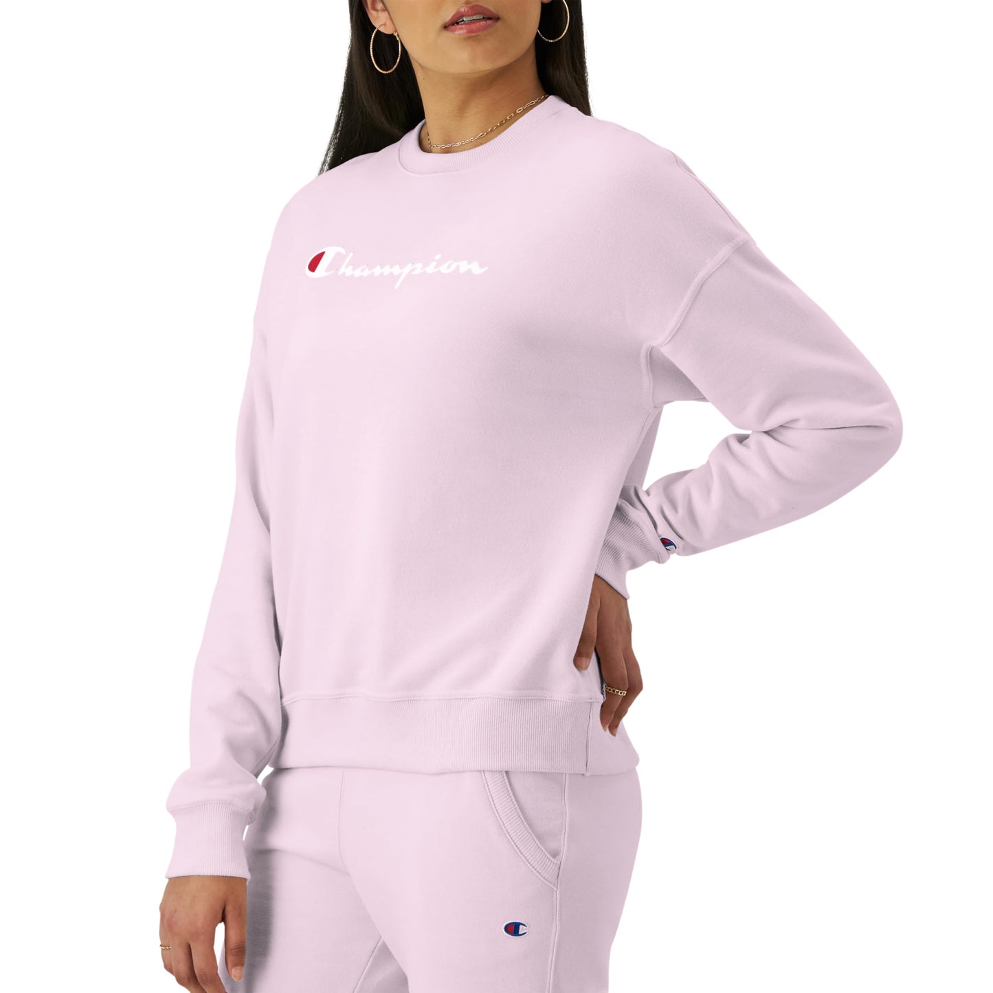 Champion, Powerblend, Fleece Crewneck, Warm Sweatshirt for Women (Plus, Chantilly Pink Script, X-Large