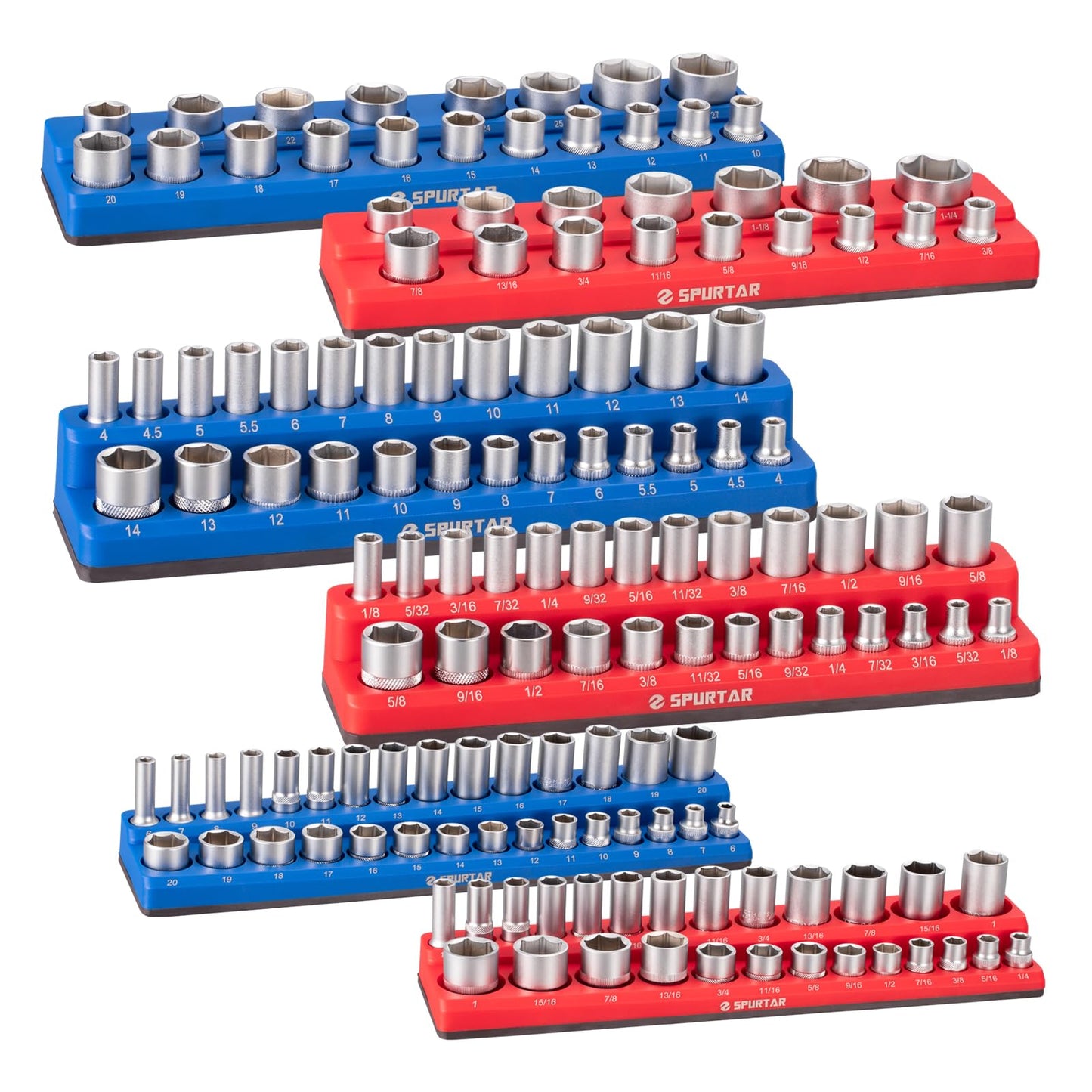 Spurtar Magnetic Socket Organizer 6 Pcs, Metric SAE Magnetic Socket Holder Includes 1/4-Inch, 3/8-Inch, 1/2-Inch Drive Metric SAE Trays, Holds 143 Standard Size and Deep Size (Sockets Not Included)