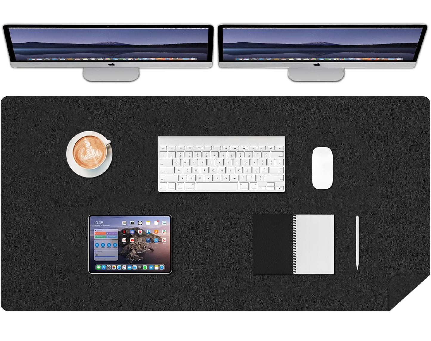 CHKDSK Double-Side Desk Mat,47.24''×23.62'',PU Leather Large Mouse Pad Protector for Table,Easy Clean Desk Mat Computer Keyboard Mat for Office (Black+Black)