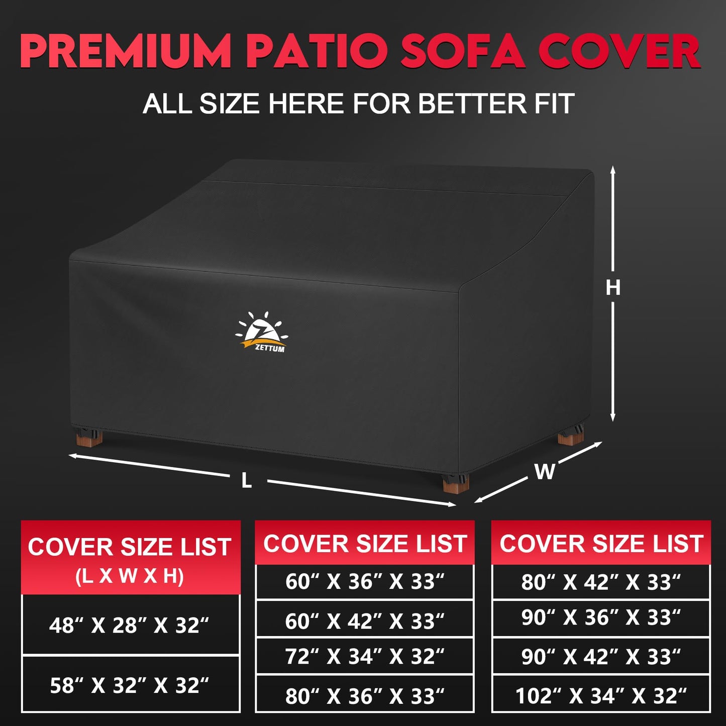Zettum Patio Loveseat Cover 60 Inch - 600D Outdoor Couch Cover Furniture Sofa Cover Waterproof Heavy Duty, 2-Seater Bench Cover for Outside Sofa, Loveseat, Couch, Bench and Glider - 60 x 36 x 33 Inch