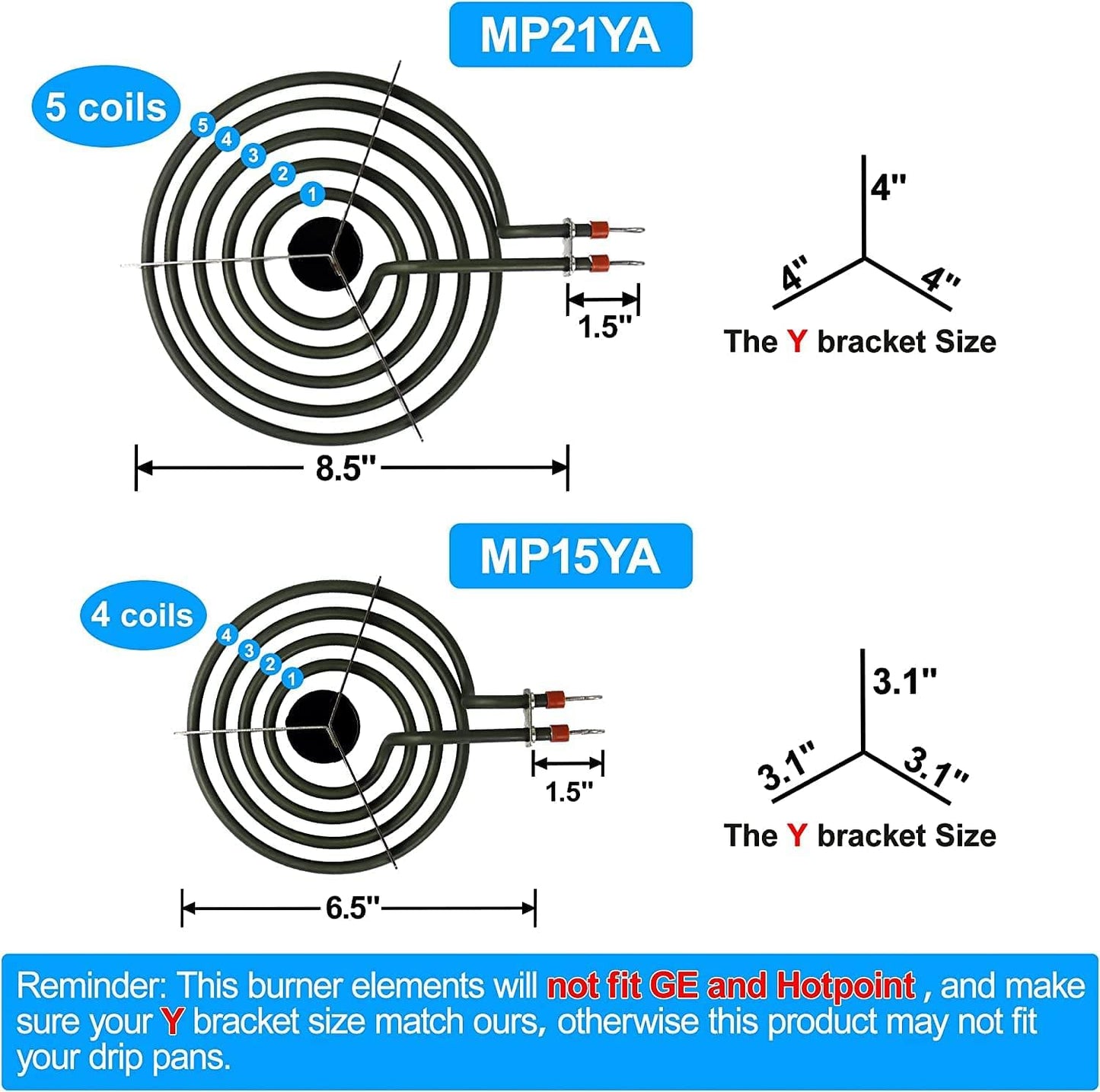 4 Pack MP22YA Electric Range Burner Element Unit Set 4- MP15YA(2) MP21YA(2) for Whirlpool, KitchenAid, Maytag Range Burner,Replacement Part Numbers Include 540331014,484783, TS5W8221,Y04000033