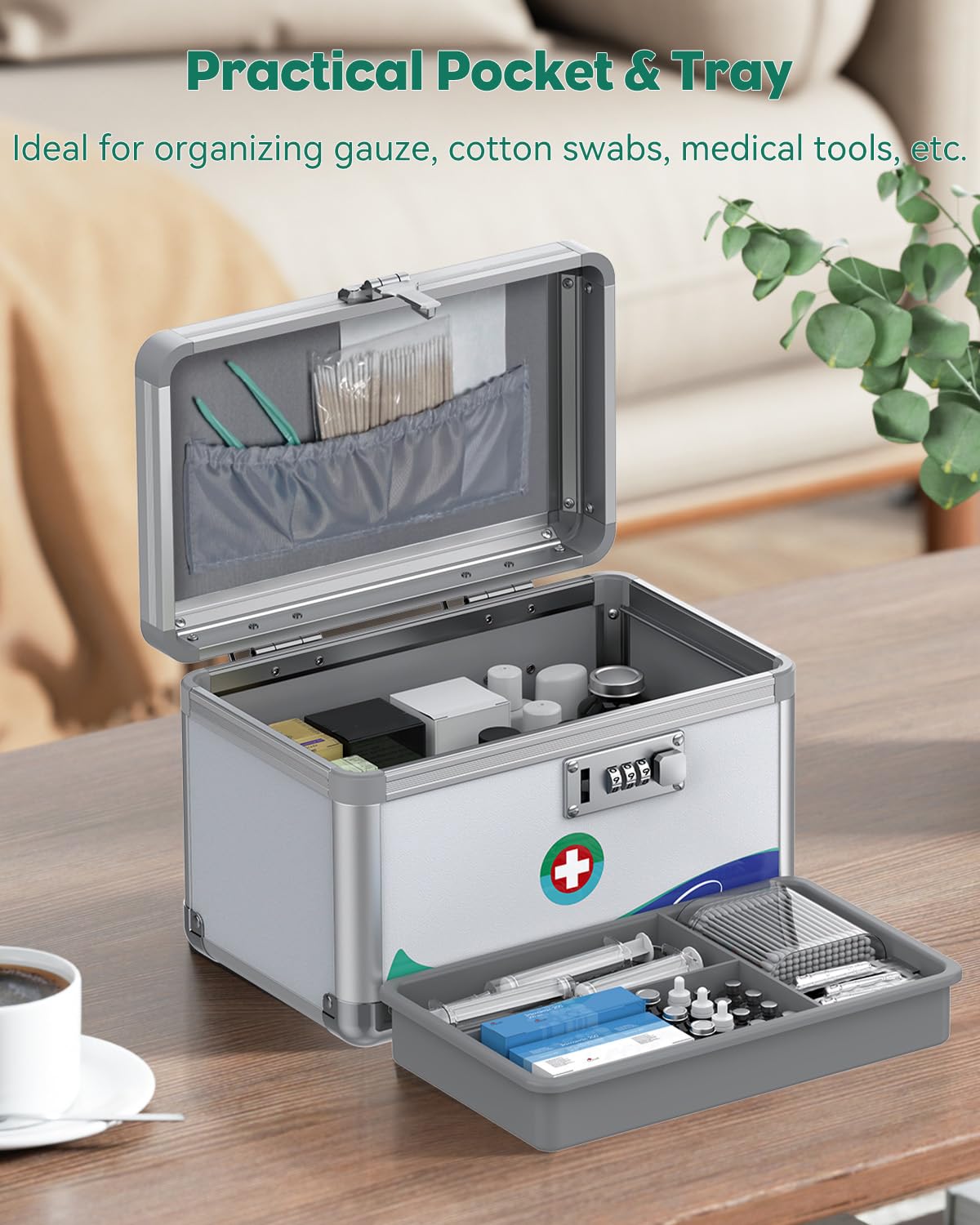 Uniclife Medicine Box Emergency Box with Combination Lock and Handle Metal Lockable Medicine Storage Box, 10" x 6" x 6.5"