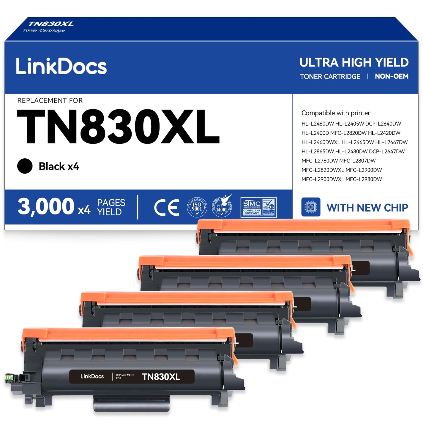 LinkDocs TN830XL Toner Cartridge for Brother Printer, Replacements for Brother TN830XL TN830 TN-830 to use with HL-L2460DW HL-L2480DW HL-L2400D HL-L2405W MFC-L2820DW DCP-L2640DW (4-Pack)