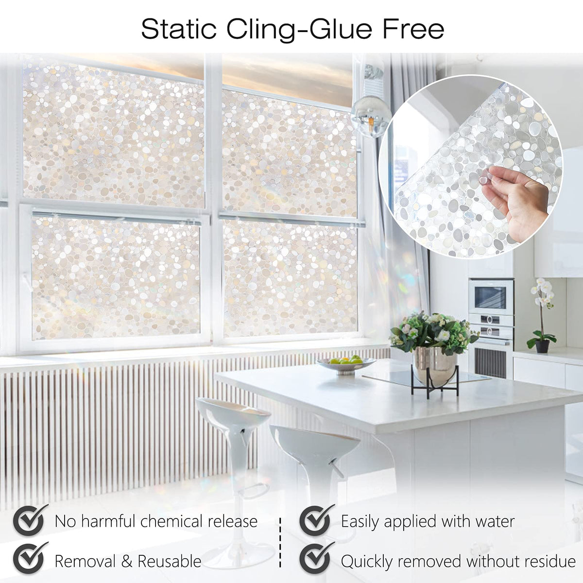 rabbitgoo Window Films for Privacy, Anti-UV Static Cling Decorative Glass Stickers, Removable Frosted Window Film, Privacy Glass Tint for Home Bathroom Door, 3D Pebble, 60x200cm