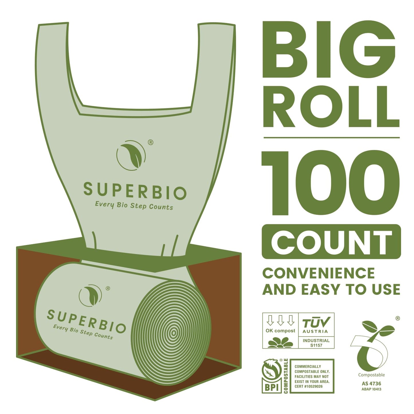 SUPERBIO Compostable Bags with Handles, 9.8L,100 Count,1 Pack, Food Scrap Bags Certified by BPI and OK compost INDUSTRIAL