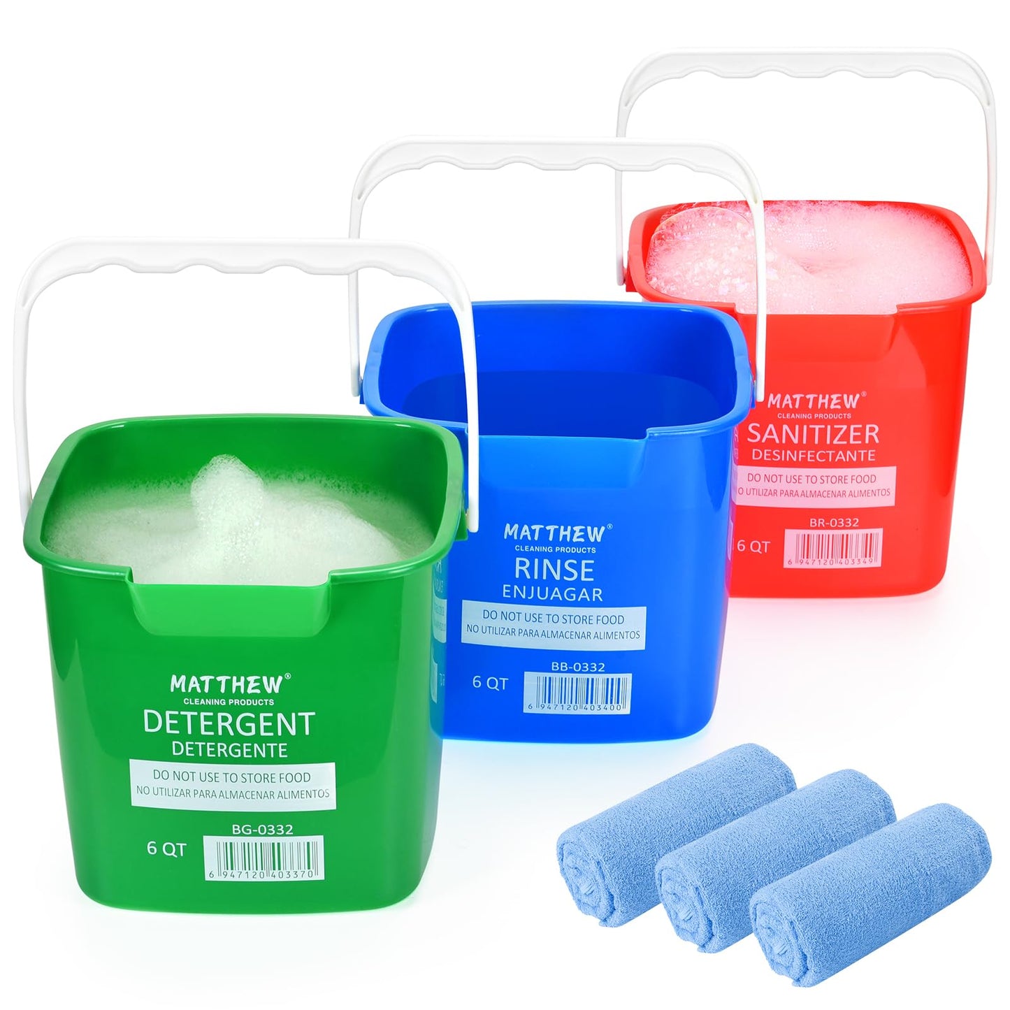 Matthew Red&Green&Blue Detergent and Sanitizing Cleaning Bucket 6 Quart Cleaning Pail,Set of 3 Square Containers,Built-In Spout w/Handle,Wash Rinse Sanitize Handwash Bucket,Incl.3Pcs Microfiber Cloths
