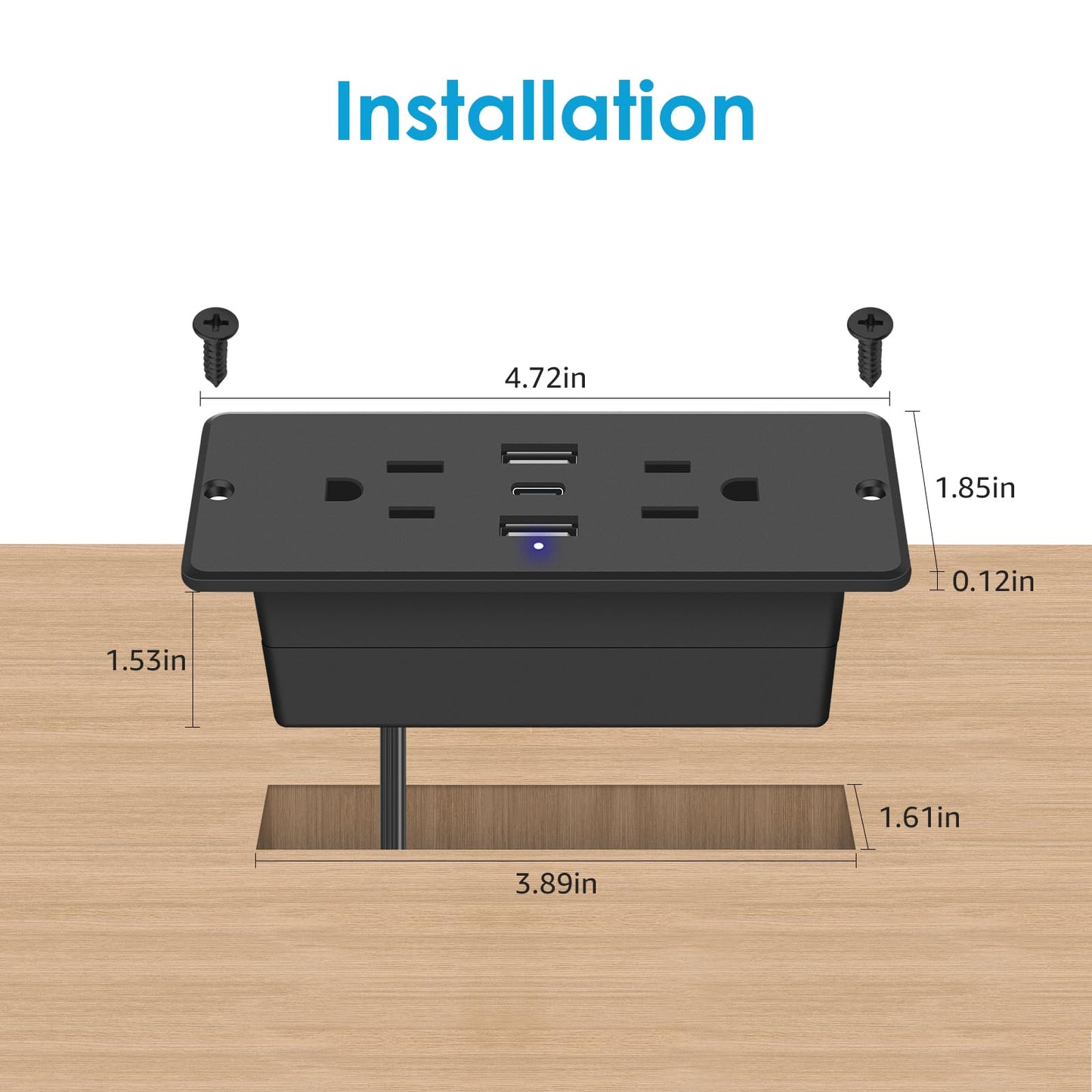 5 in 1 Recessed Power Strip Flat Plug, 20W Fast Charging Furniture Outlet with USB, 2 USB Ports 1 USB-C, 6ft Power Cord.