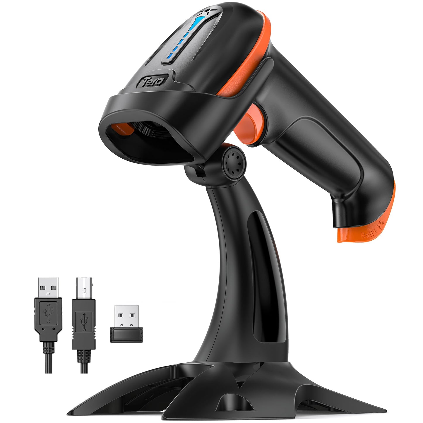 Tera 1D 2D QR Wireless Barcode Scanner with Stand Versatile 2-in-1 2.4G Wireless & USB 2.0 Wired with Battery Level Indicator Cordless CMOS Image Barcode Reader for Supermarket Mobile Payment D5100-Z