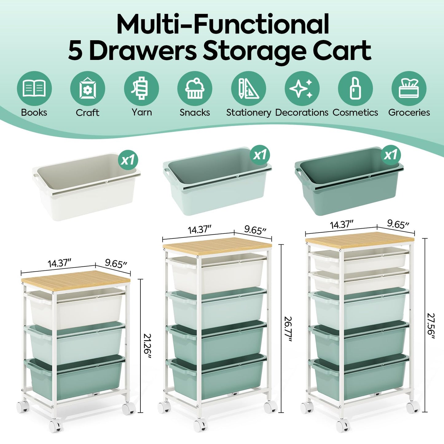 Rolling Storage Cart with 3 Drawers, Craft Organizer, Wooden Tabletop Utility Cart for Bedroom, Children's Room and Office Organization, Under Desk Trolley with Lockable Wheels, Green