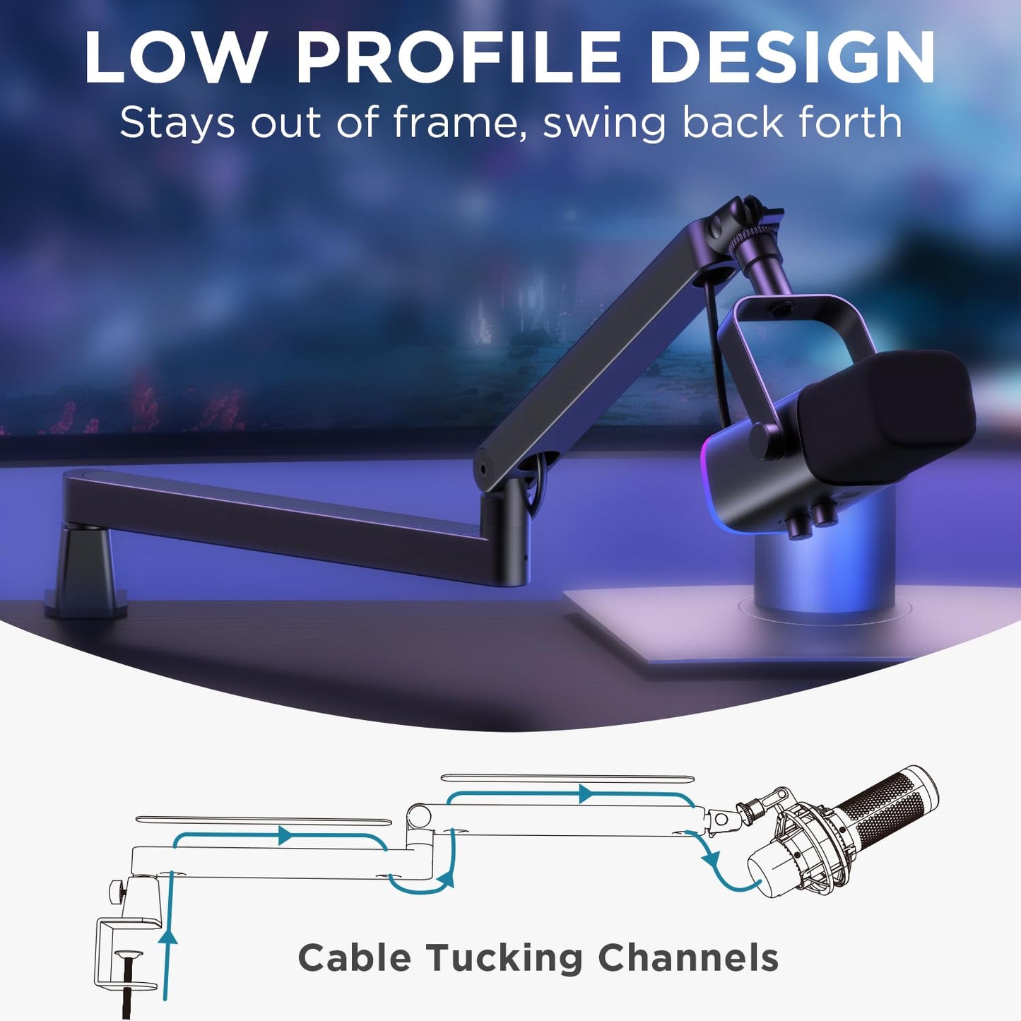 InnoGear 2026 Upgraded Microphone Boom Arm, Magnetic Cable Management Low Profile Mic Stand 360° Rotatable Desk Mount for Fifine AM8 K669B Blue Yeti HyperX QuadCast SoloCast AT2020, Black