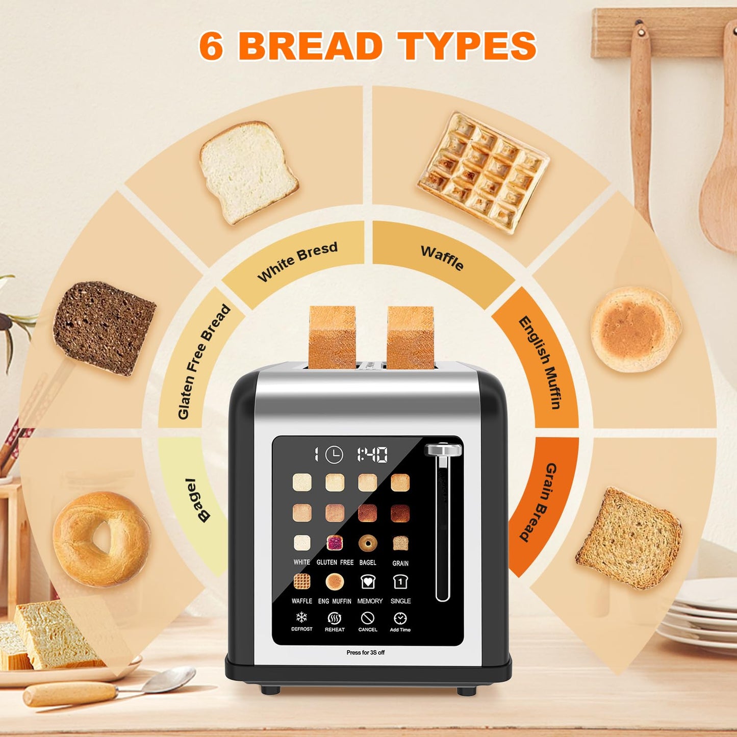 2 Slice Toaster Touch Screen, Stainless Steel Toasters Digital Timer 2 Slot Toasters, 8 Shade Settings 6 Bread Types for Bagel, Cancel, Defrost (Black)