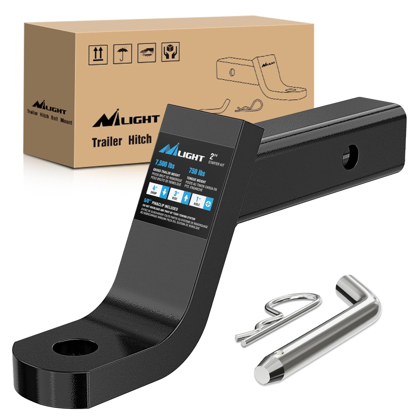 Nilight Trailer Hitch Ball Mount with 5/8" Hitch Pin Clip Fits 2 Inch Receiver Square 7500 lbs 4" Drop, 3” Rise, 1” Hole, Gloss Black Powder Coast
