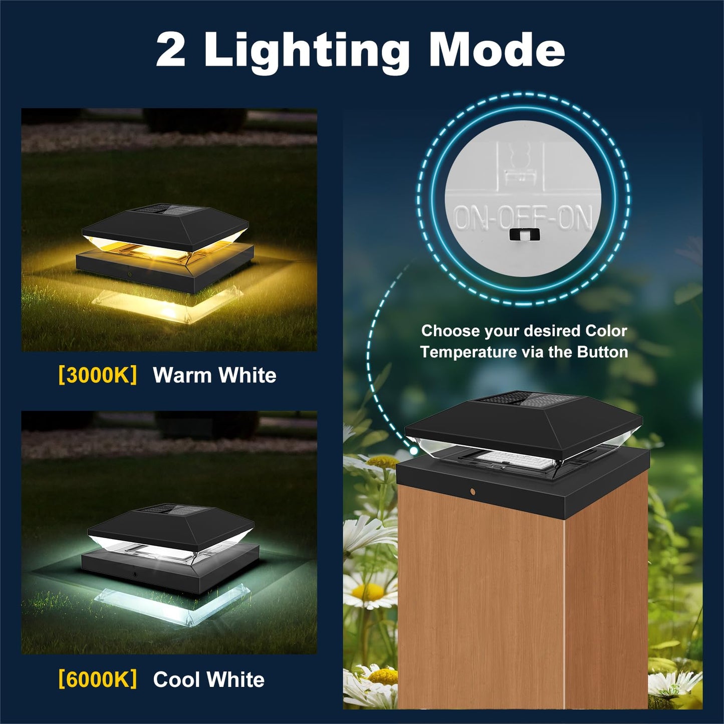 T-SUNUS Solar Post Cap Lights Outdoor 6 Pack, 2 Lighting Modes LED Fence Fit for 4x4 5x5 6x6 Vinyl/Wooden Posts, Waterproof Deck Powered Garden Patio Gate Porch Lights, Black Warm/Cool White
