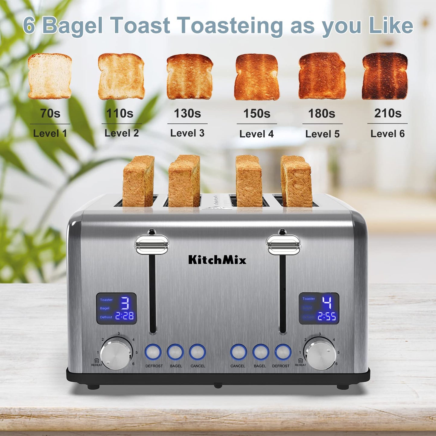 Toaster 4 Slice, Bagel Stainless Toaster with LCD Timer, Extra Wide Slots, Dual Screen, Removal Crumb Tray (Stainless steel)