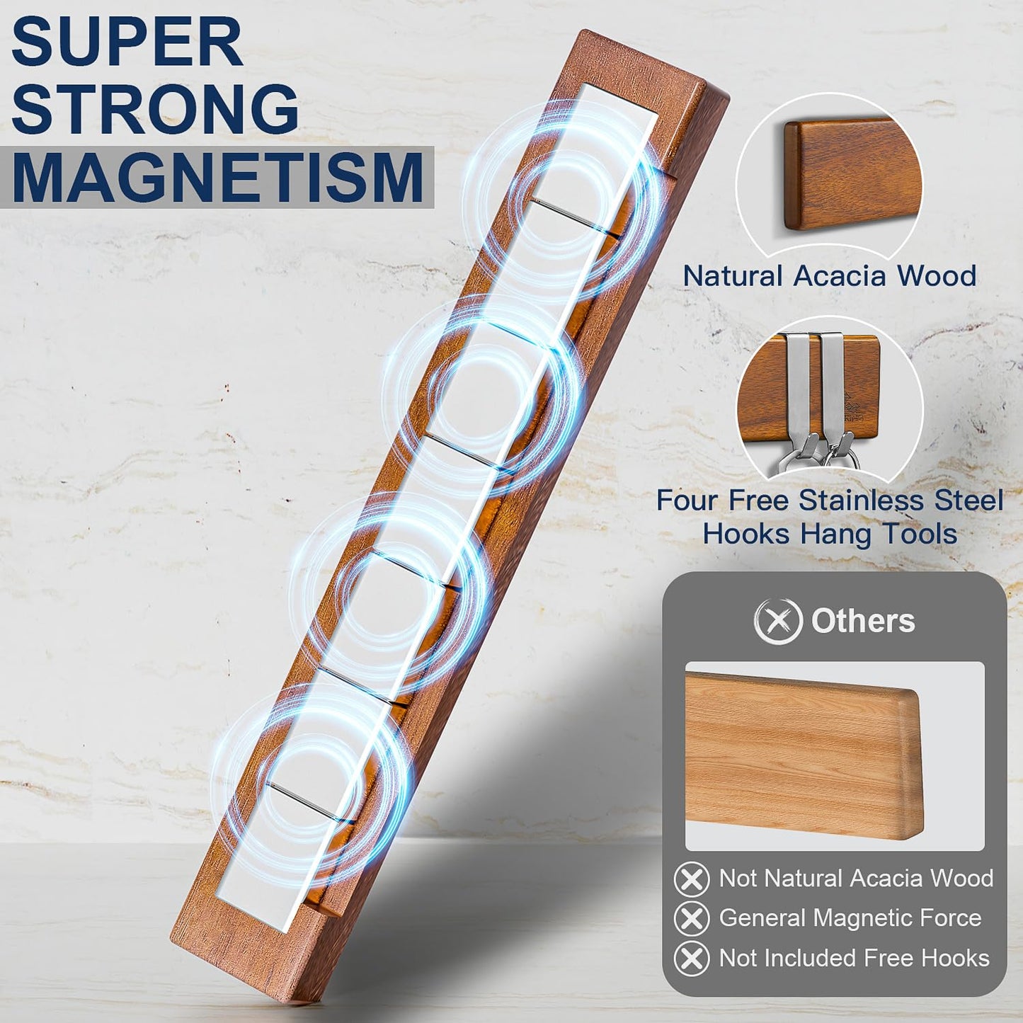 ENOKING Acacia Wood Magnetic Knife Strip for Kitchen, Wall Mounted Knife Magnetic Holder for Chef Knives, 16 Inch with Gift Box & 4 Hooks