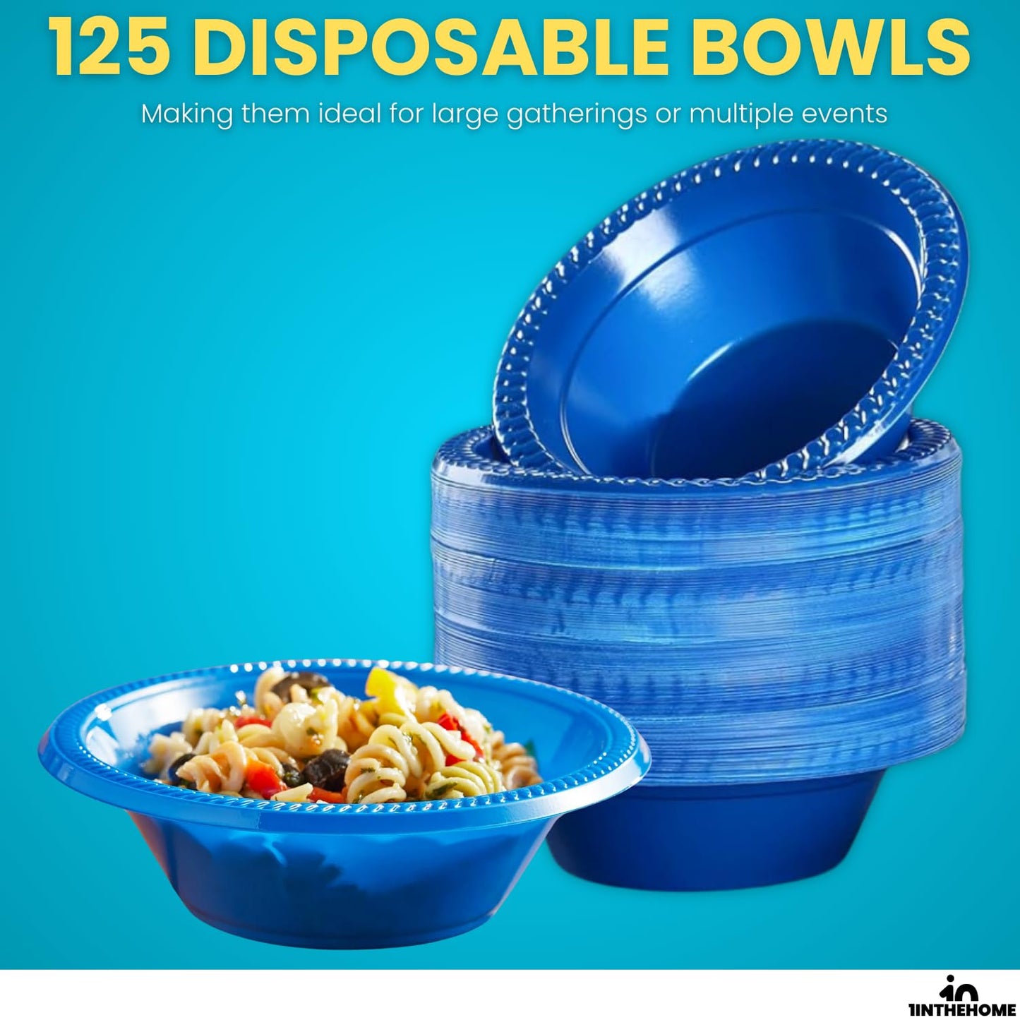 1InTheHome Blue Plastic Bowls 12 Oz, Disposable Party Bowls - Blue Soup Bowls (125 Pack)