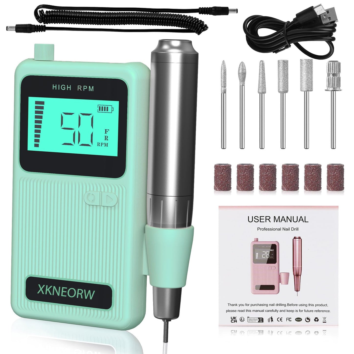 XKNEORW Professional Electric Nail Drill 50000 RPM High Speed with Smart Adjustment, Nail Salon & Home Use Kit, 6 Grinding Heads & Extended Runtime