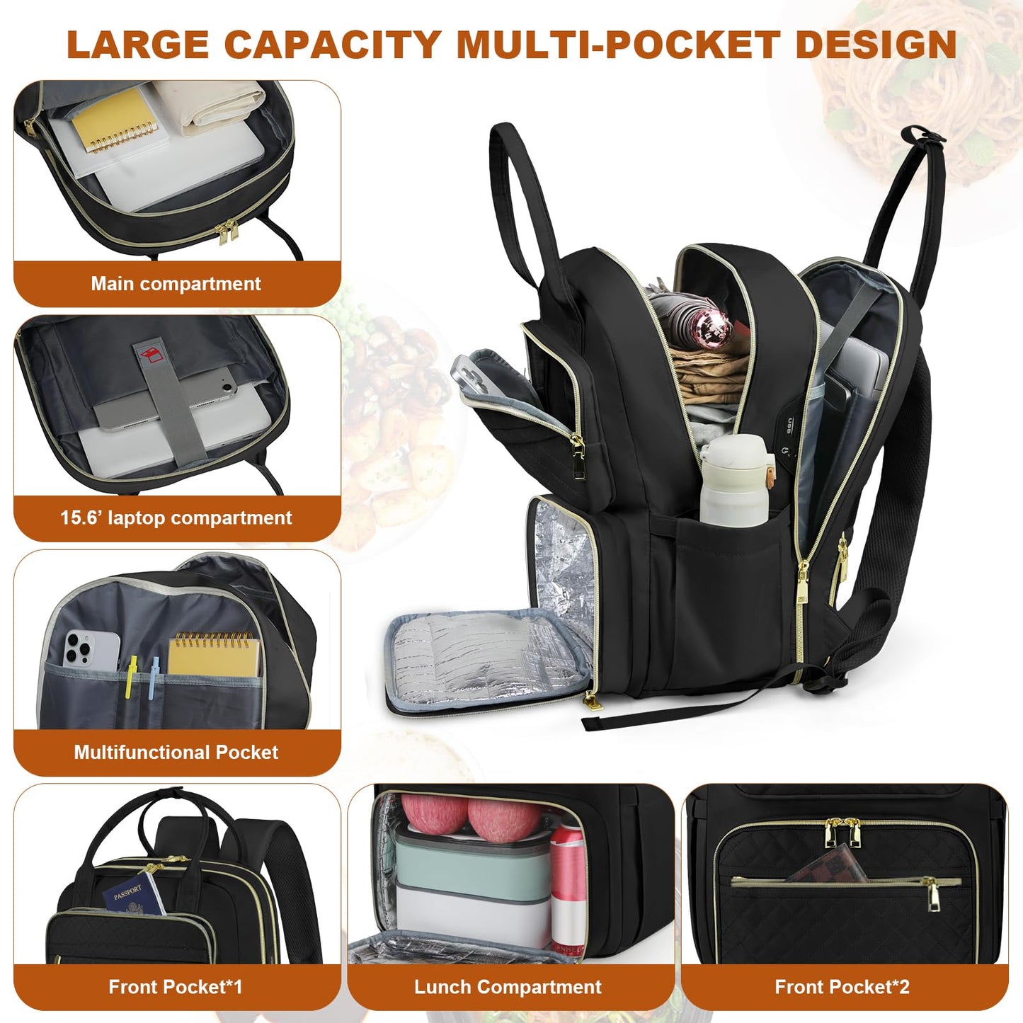 Lunch Backpack for Women Men 15.6 in Laptop Backpack with Insulated Bag Travel Backpack TSA Approved for Business School