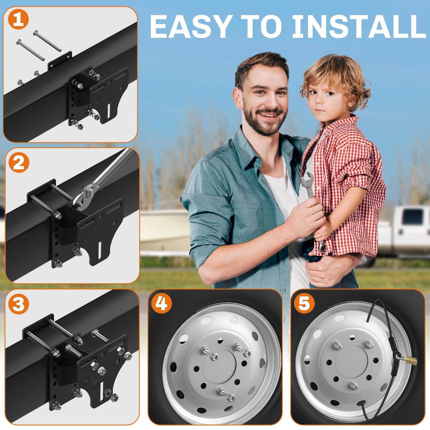 WELLUCK Trailer Spare Tire Mount for Utility Boat Trailer 3-Nuts Spare Tire Carrier Fits 4/5/6 Lugs Trailer Wheels on 4", 4.5'', 4.75'', 5'', 5.5'' and 6''Bolt Patterns, 180Lbs, Anti-Theft Rope