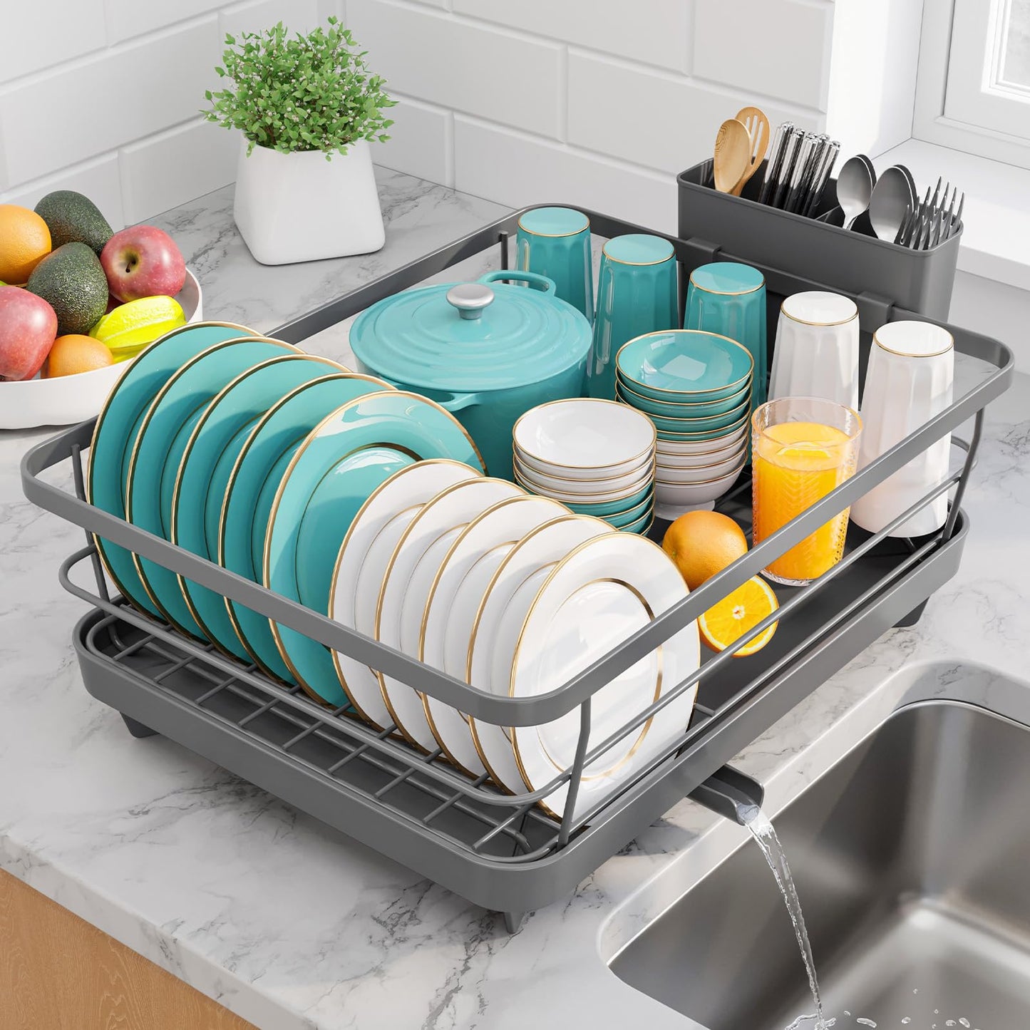 Sakugi Dish Drying Rack - Compact Dish Racks with Drain Board for Kitchen Counter, Durable Stainless Steel Dish Rack Used in Sink & on Countertop, Gray, Large