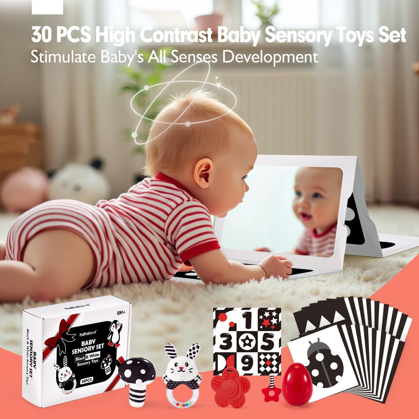 hahaland 30 in 1 Black and White Baby Toys 0 3 6 Months, High Contrast Baby Newborn Toys 0-6 Months, Tummy Time Mirror Toys Set, Baby Sensory Toys for Babies for 0M+