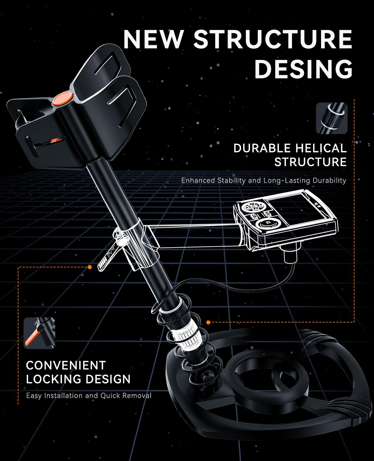 SUNPOW Metal Detector for Adults Professional - High Accuracy with 12" Waterproof Coil, 2x Backlit LCD Display, Advanced DSP Chip, 5 Modes, Adjustable Length (19"-59"), Sturdy Spiral Structure -OTMD14