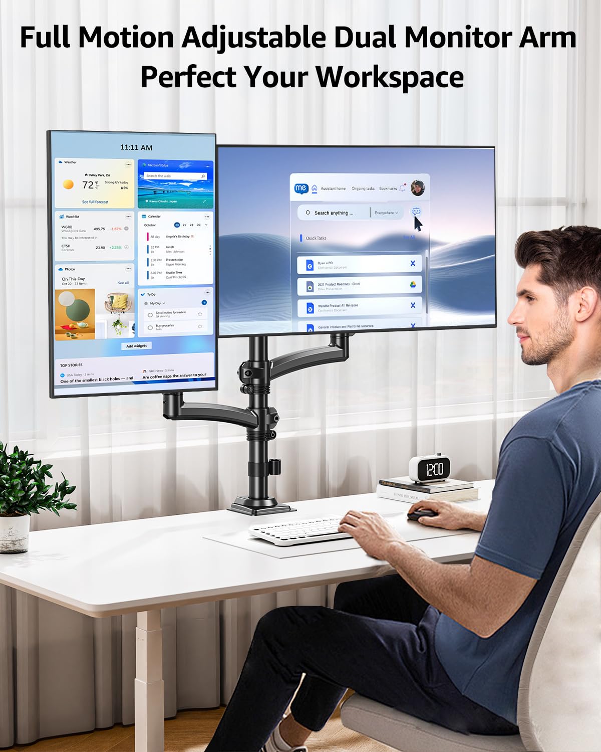 MOUNTUP Dual Monitor Stand Holds up to 22 lbs Each Arm, Dual Monitor Arm for 2 Monitors, Height Adjustable Computer Desk Mount for Max 32 inch Screens, VESA Mount with C-clamp & Grommet Base