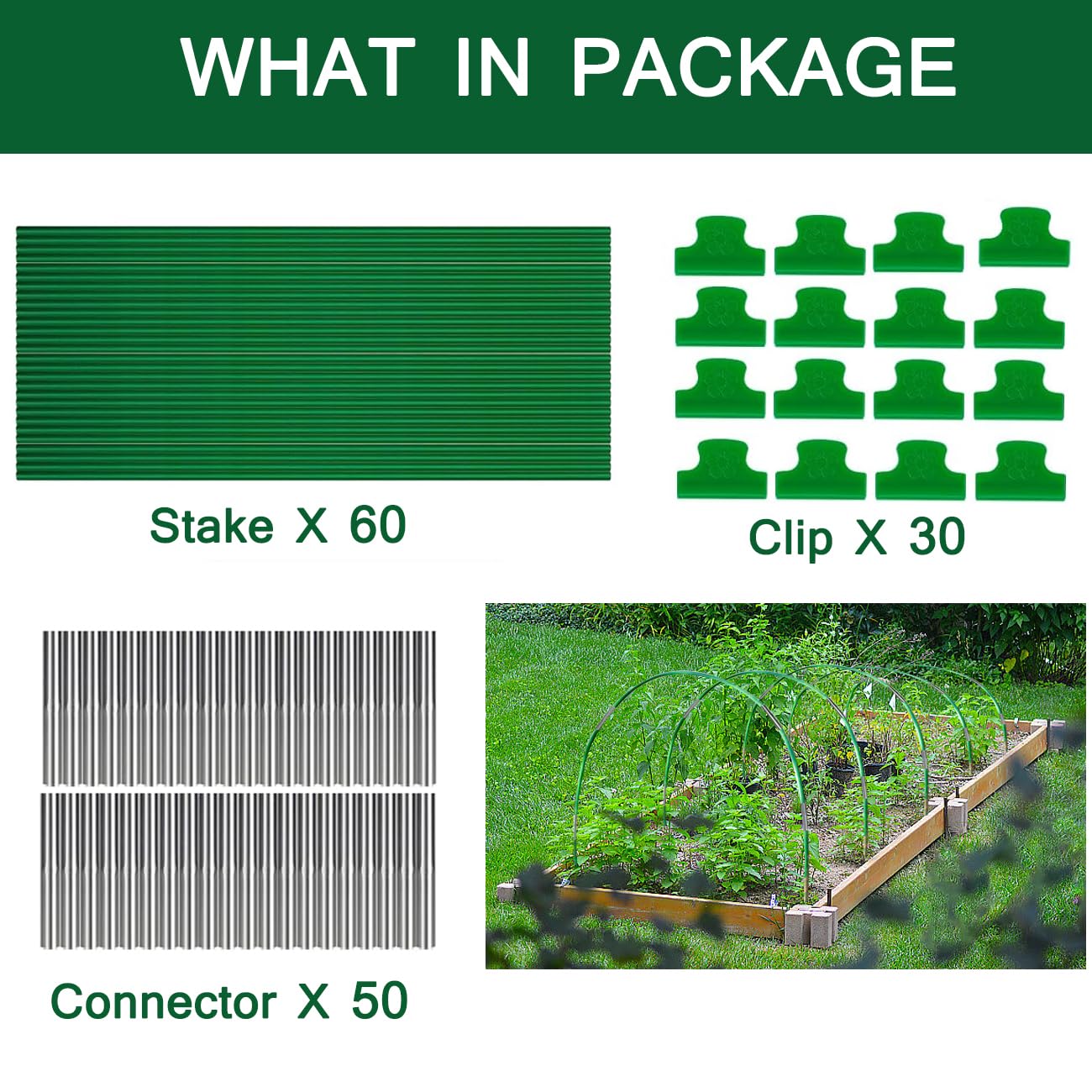60 PCS Greenhouse Hoops Grow Tunnel, 10 Sets of 8FT Long Garden Hoops, DIY Width Grow Tunnel for Raised Beds, Fiberglass Garden Hoops Kit, Rust-Free Garden Tunnel for Garden Fabric,Garden Hoops