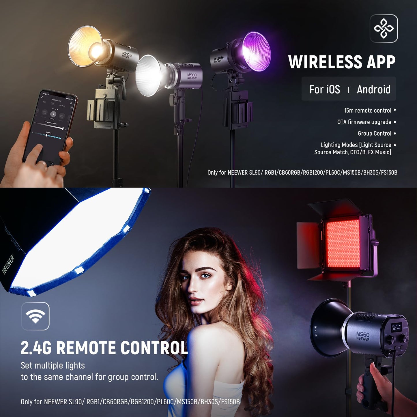 NEEWER MS60 LED Video Light with 2.4G/APP Control, 65W 5600K Daylight Mini COB Continuous Output Lighting, 40000lux/1m, CRI 97+/TLCI 98+, 9 Scenes, 0-100% PWM Dimming, Bowens Mount Adapter