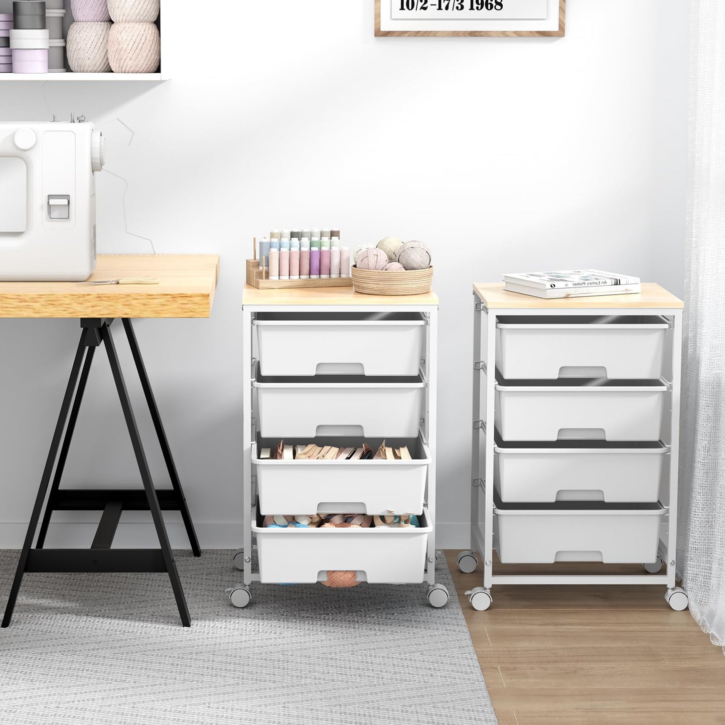 SYKIARIOL Utility Cart with 4 Drawers,Rolling Storage Cart with Drawers,Storage Rolling Drawer Cart with Wooden Tabletop for Bedroom,Kid's Room,Dorm,Classroom,Office,Bright White