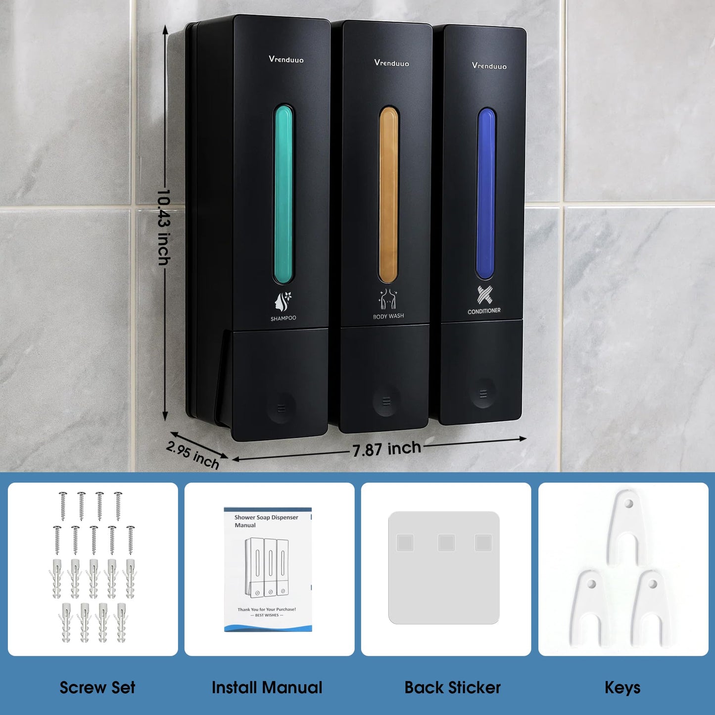 Shampoo and Conditioner Dispenser,Shower Dispenser 3 Chamber No Drill,Shower Soap Dispenser Wall Mounted for Bathroom Hotel with Upgrade Pump Head,3 * 400ml (Black 3 Chamber)
